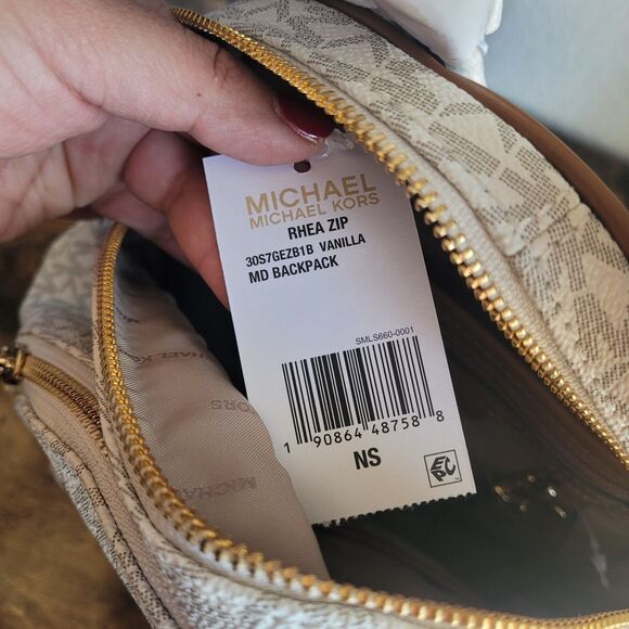 NEW Michael Kors Rhea Zip Slim Medium Backpack Vanilla Ivory Monogram Logo NWT - Picture 2 of 8